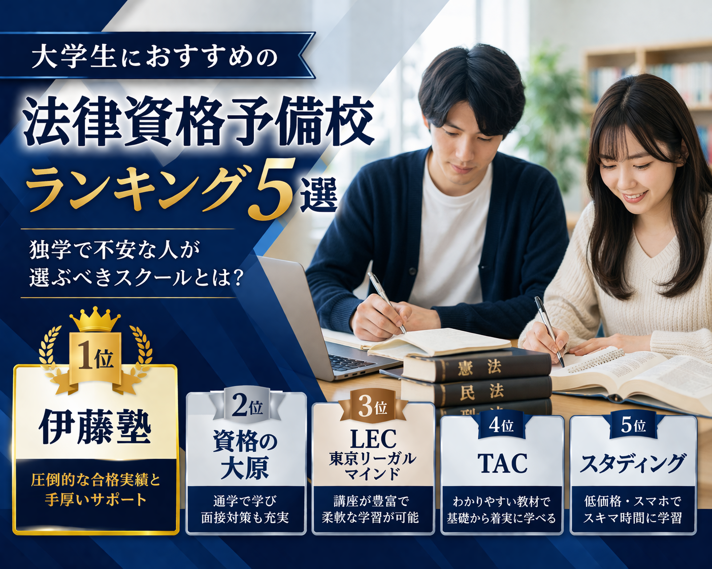 大学生におすすめの法律資格予備校ランキング5選｜独学で不安な人が選ぶべきスクールとは